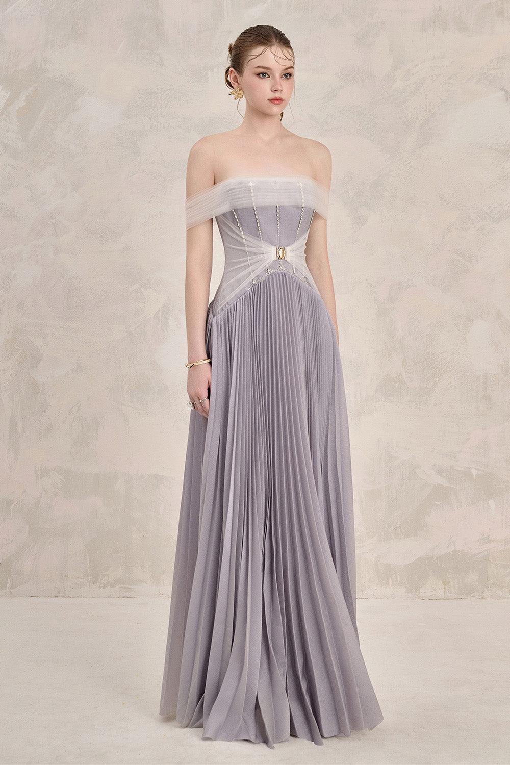 Riona Pleated Off-Shoulder Silk Floor Length Dress