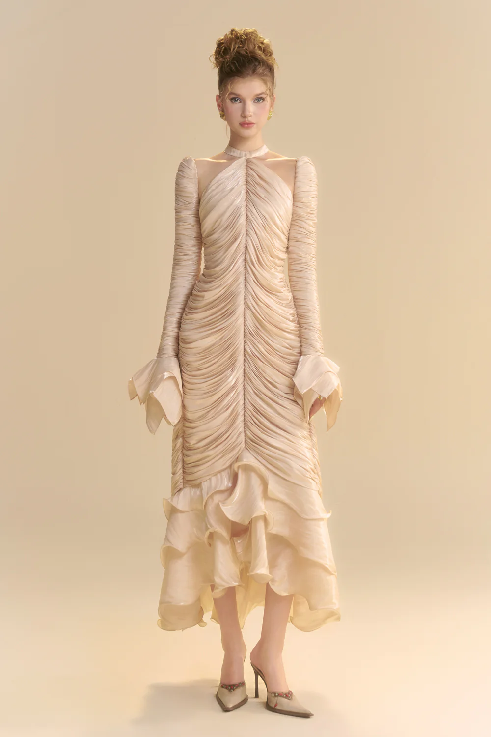 Solenne Halter Neck Ruffle Midi Dress