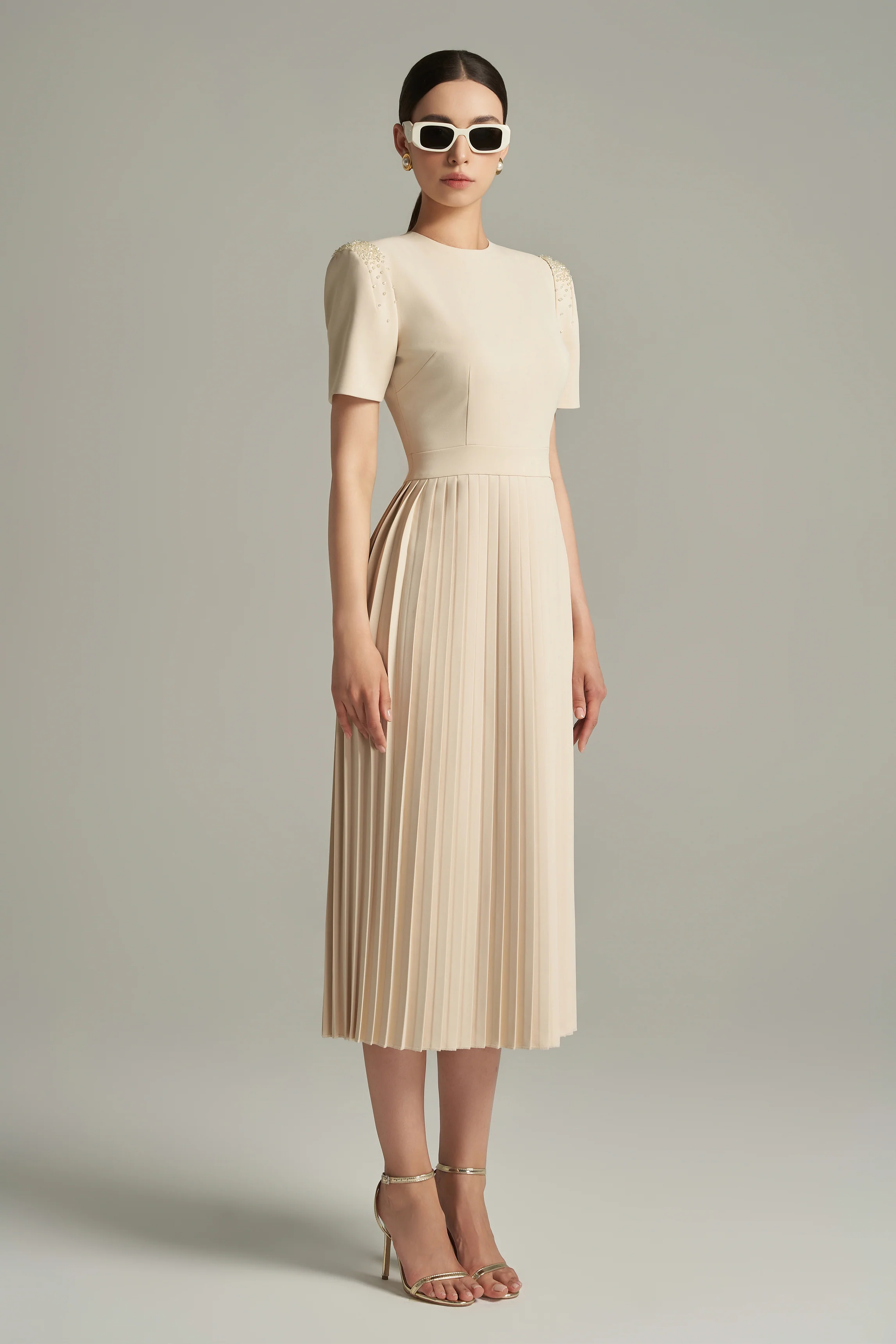 Brianna A-line Pleated Twill Calf Length Dress