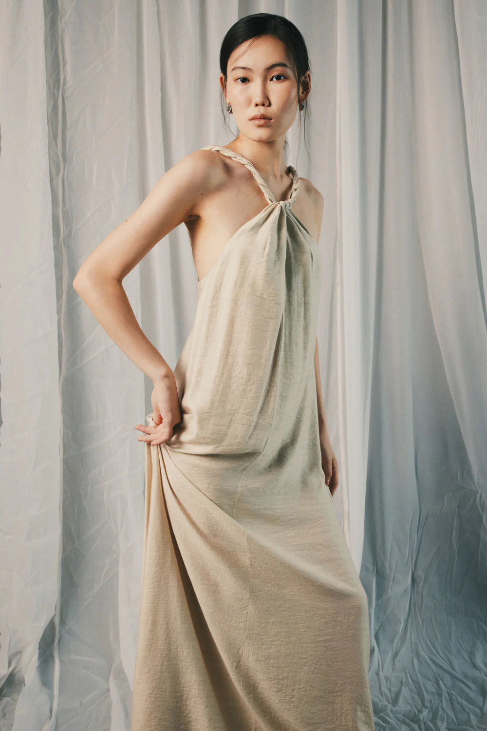 Twisted Noon Halter Draped Maxi Dress