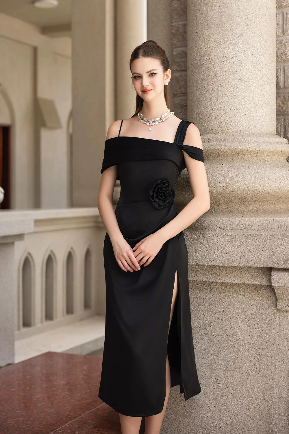 Dinna Slit Asymmetric Neck Silk Calf Length Dress