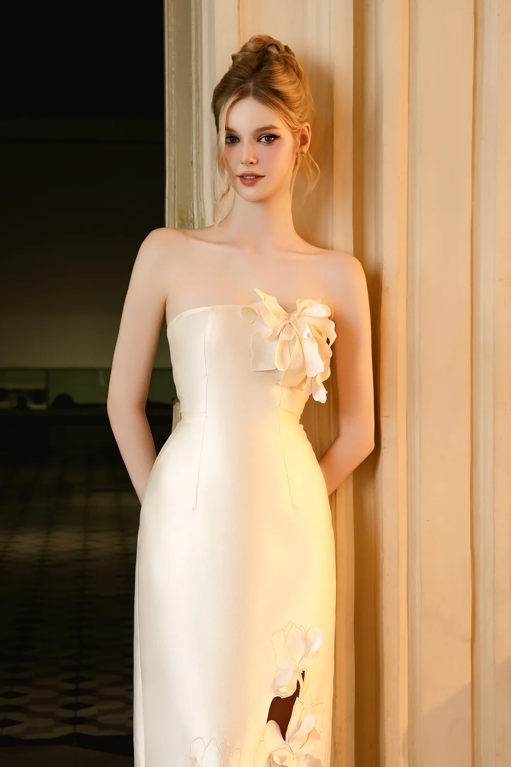 Graham Sheath Flower Applique Taffeta Midi Dress