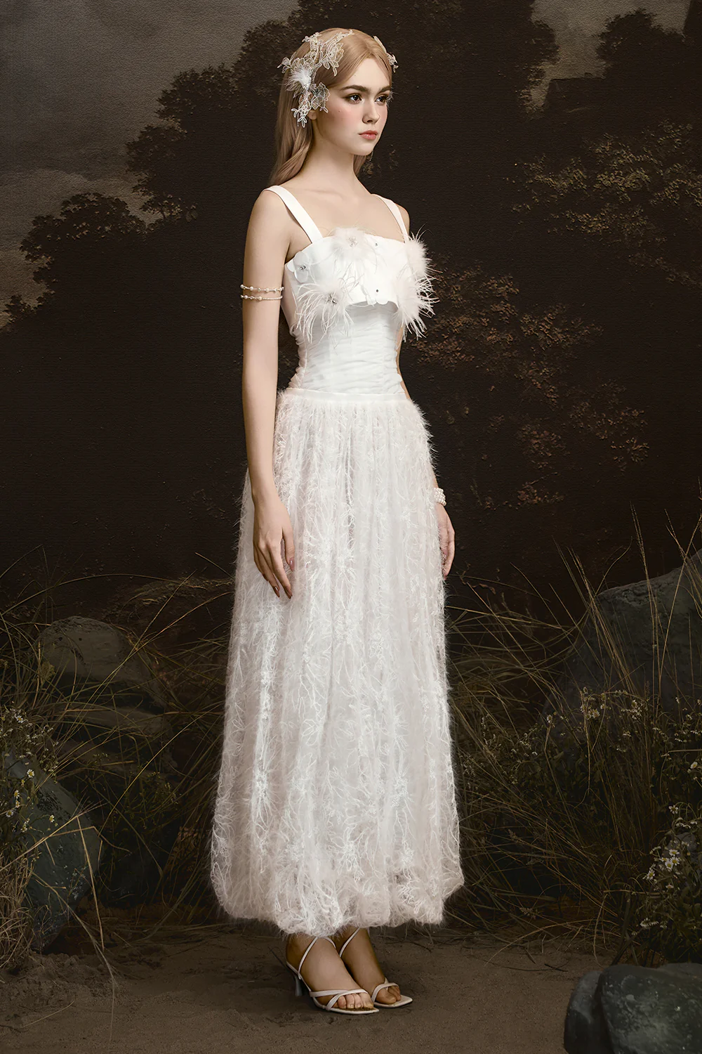 Whisper Square Neck Feather Midi Dress