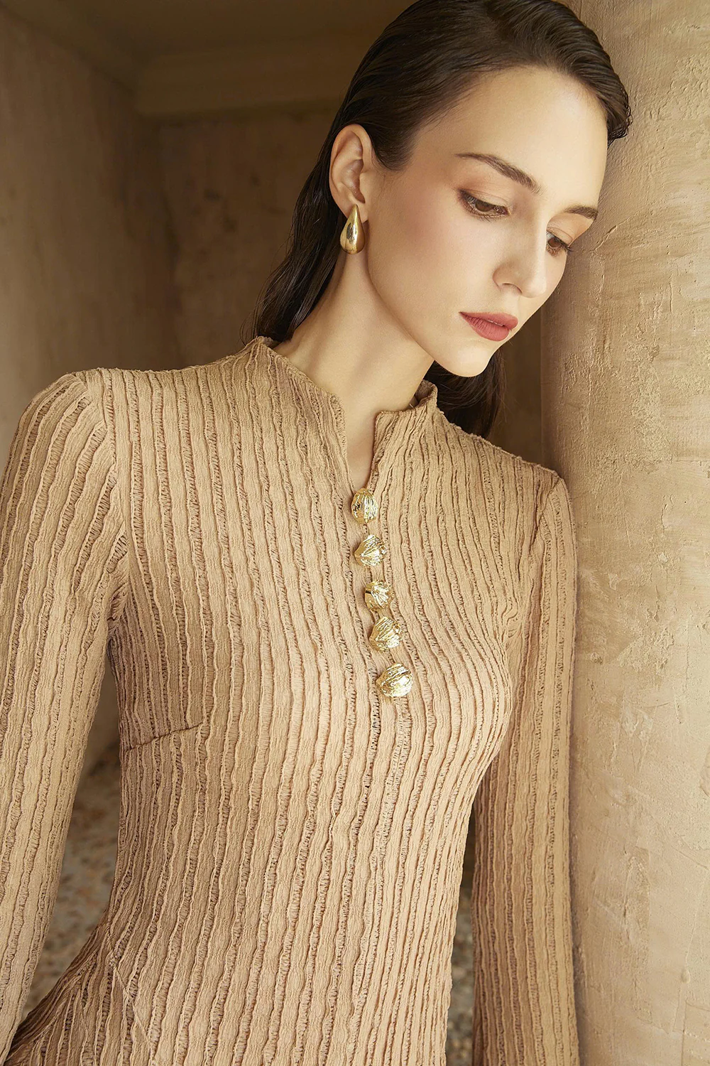 Delphi I Mock Neck Button Maxi Dress