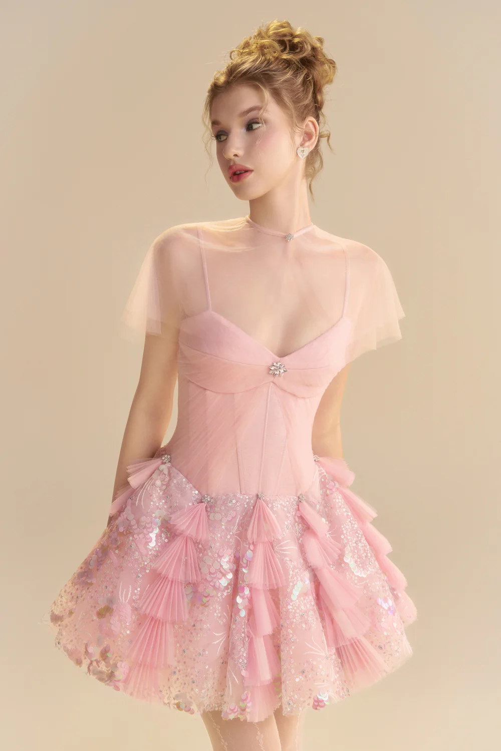 Blush Cape Sleeve Sequin Mini Dress