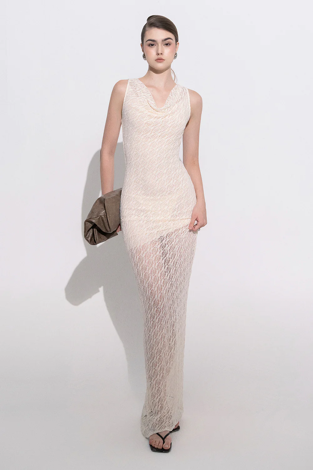 Eleni Sheath Cowl Neck Lace Maxi Dress