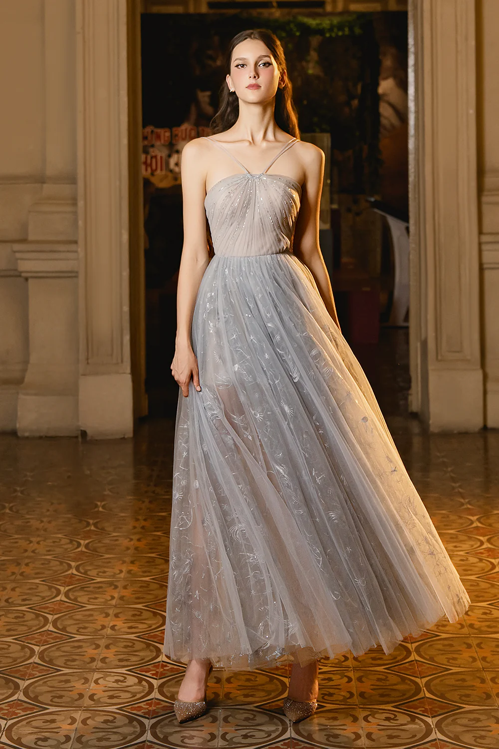 Lucas A-line V-Neck Mesh Maxi Dress