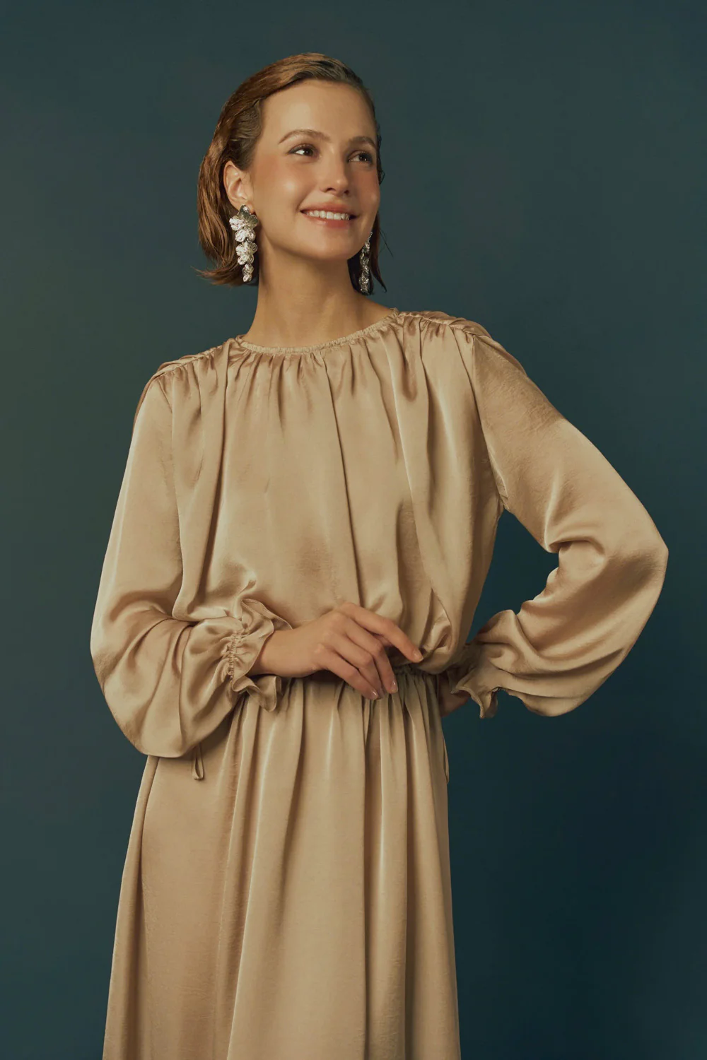 Haze Blouson Bishop Sleeved Poly Silk Maxi Dress