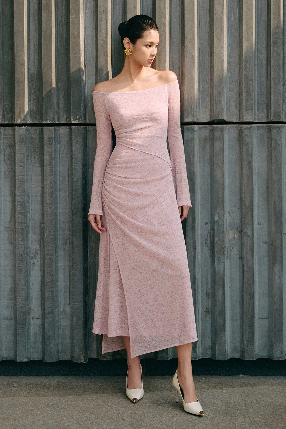 Blossom A-line Off-Shoulder Spandex Midi Dress