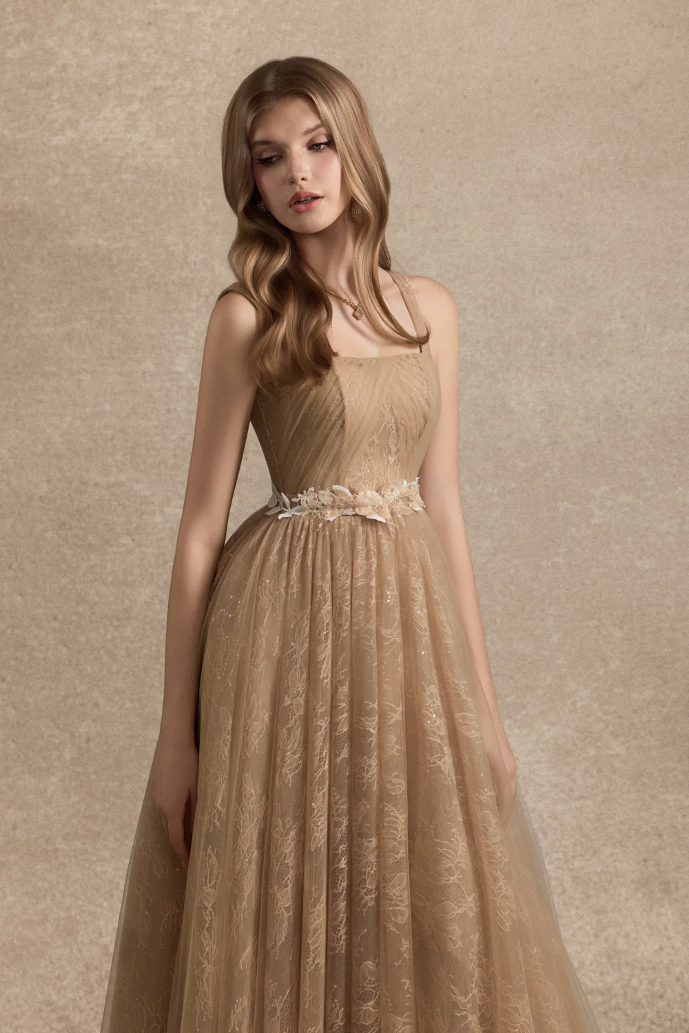 Cesleste Square Neck Lace Midi Dress