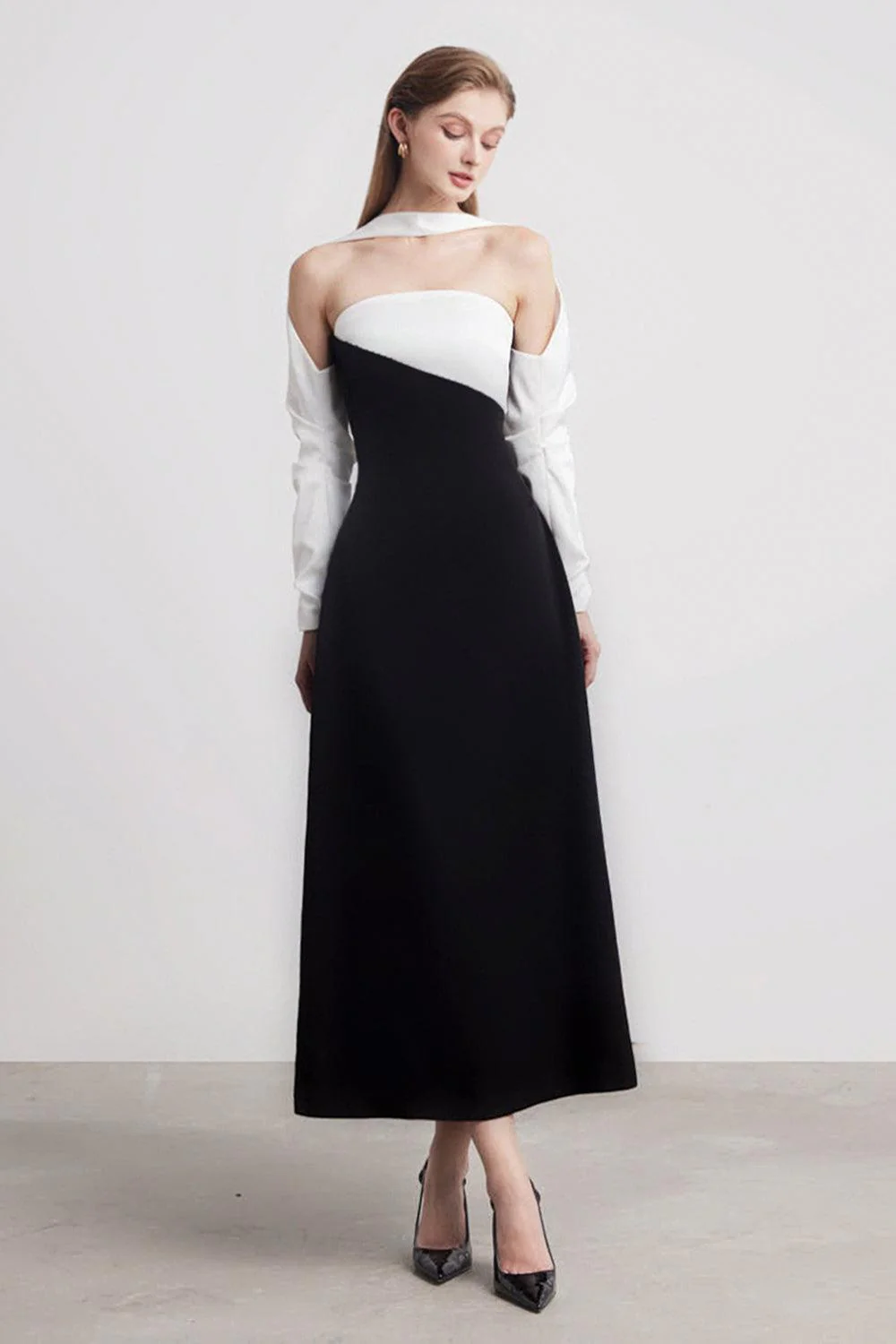 Princesa A-line Long Sleeved Silk Taffeta Midi Dress