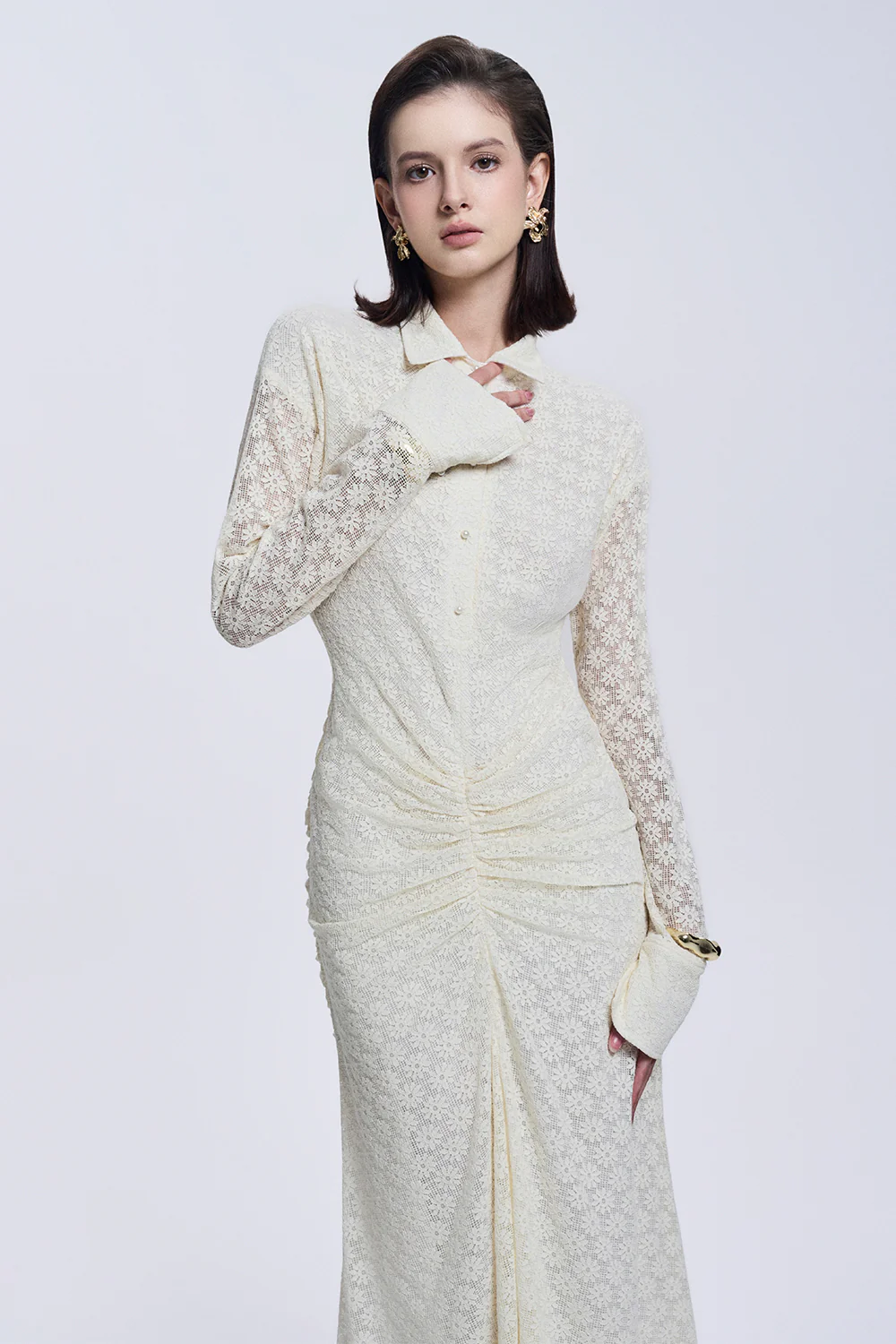 Elise Sheath Gathered Lace Maxi Dress