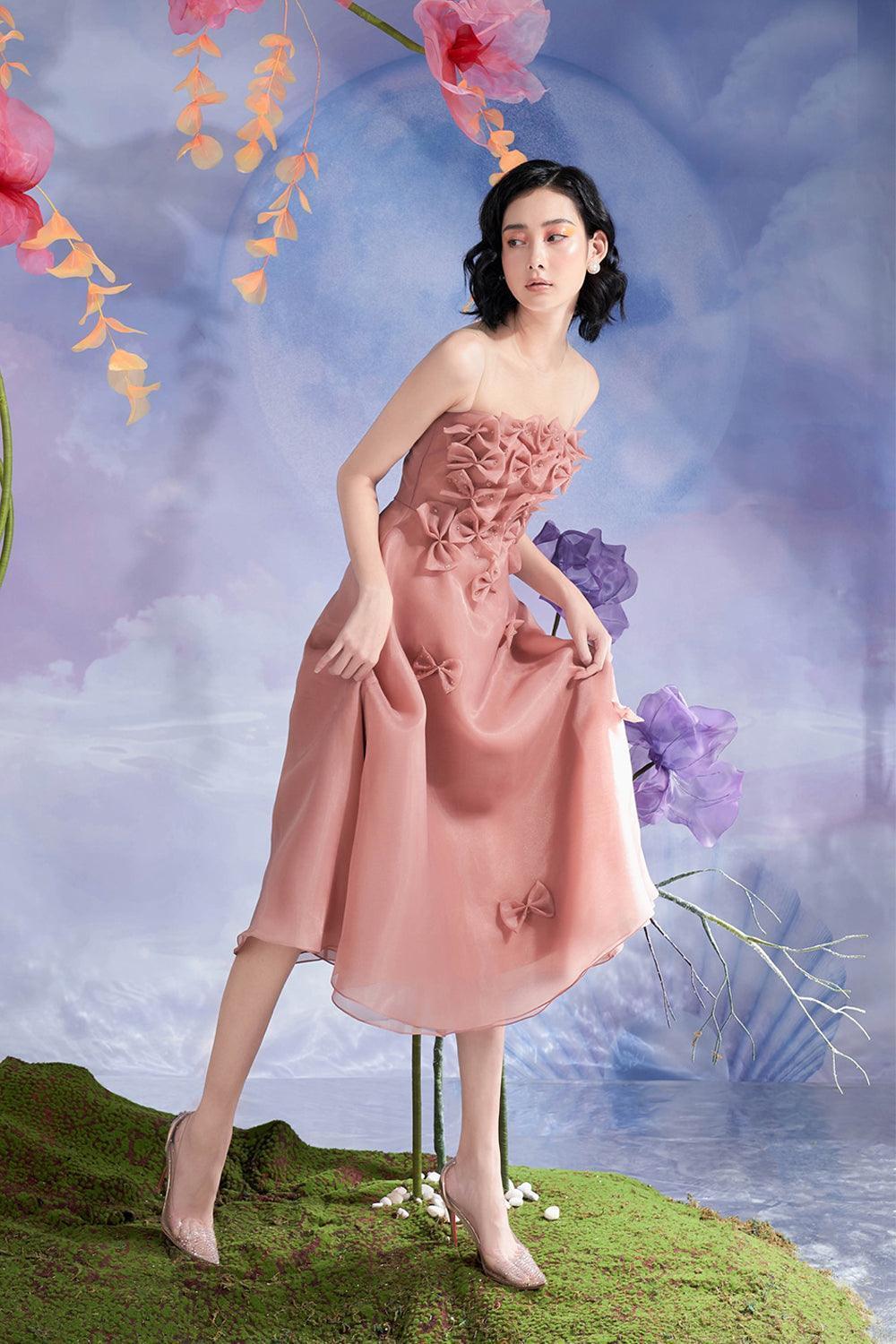 Jesse Fit and Flare Bow Tie Organza Midi Dress