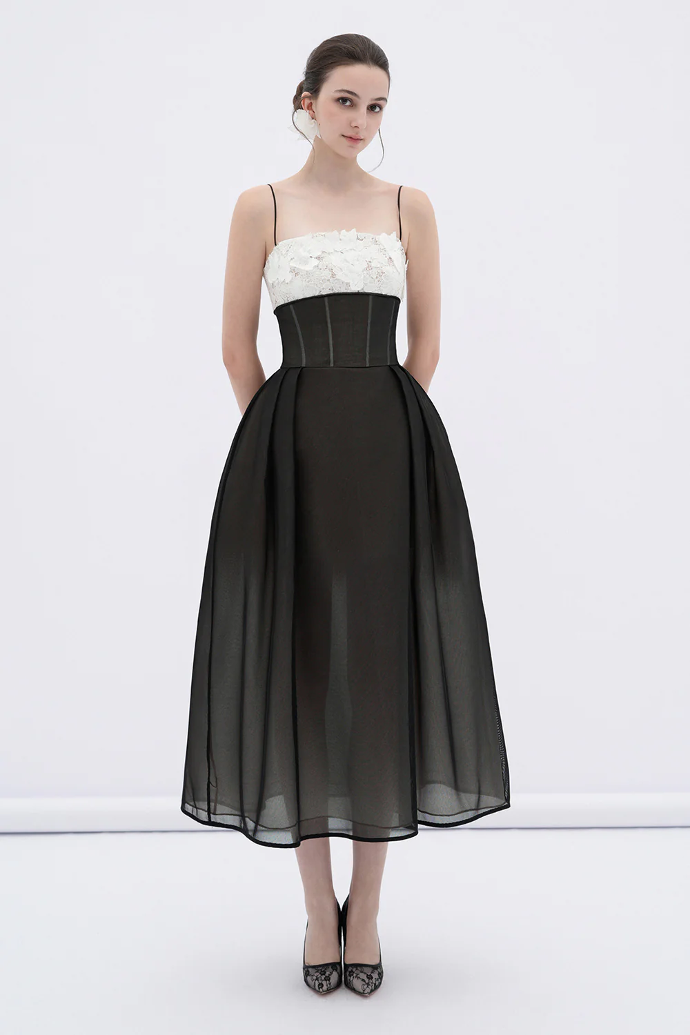 Vela A-line Corset Waist Mesh Midi Dress