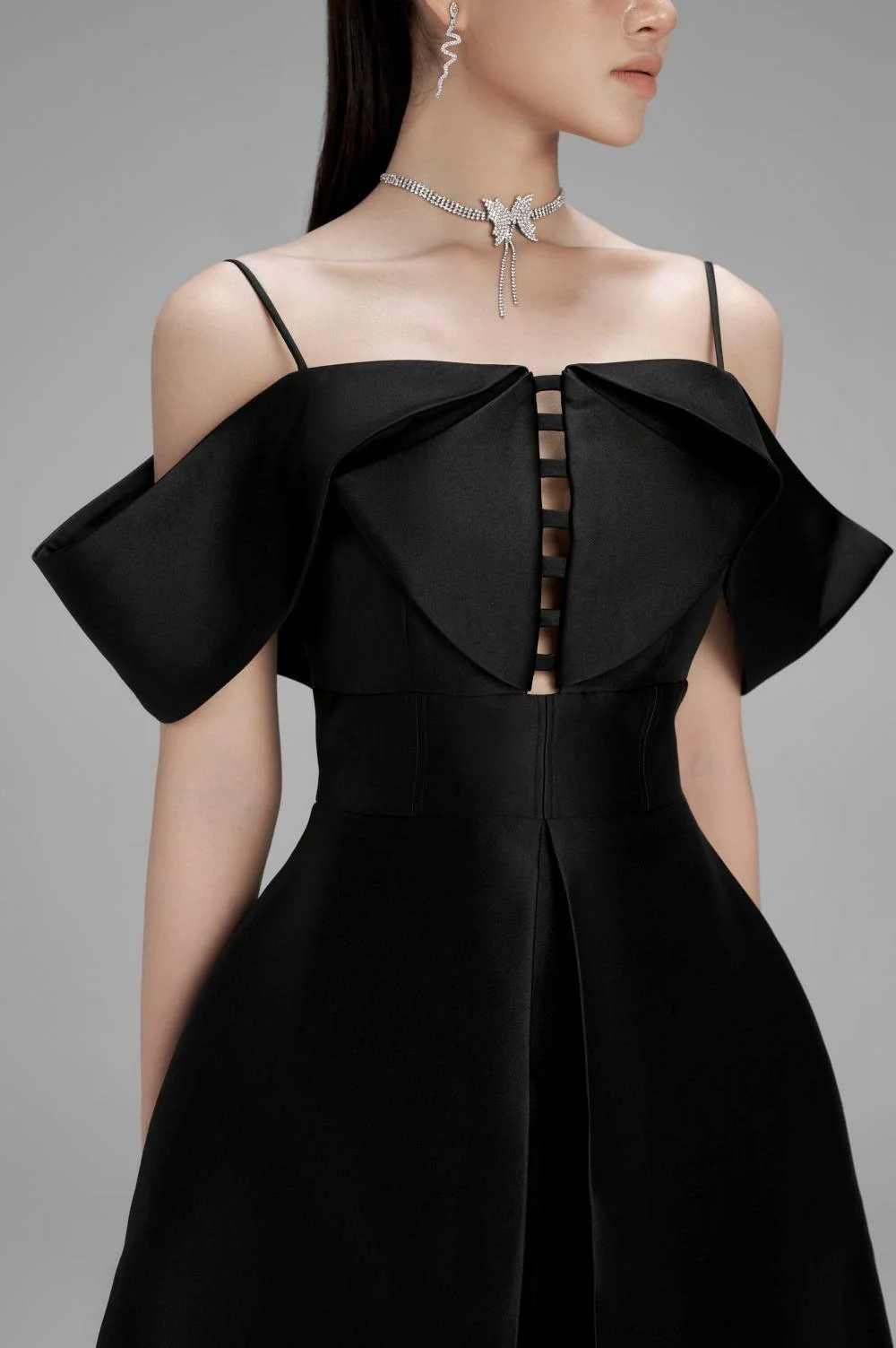 Lily A-line Cold Shoulder Sleeved Taffeta Midi Dress