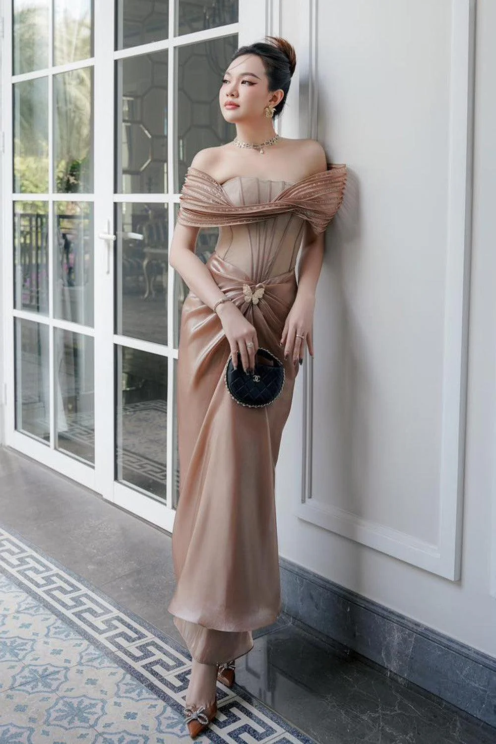 Tracy Sarong Off-Shoulder Chiffon Ankle Length Dress