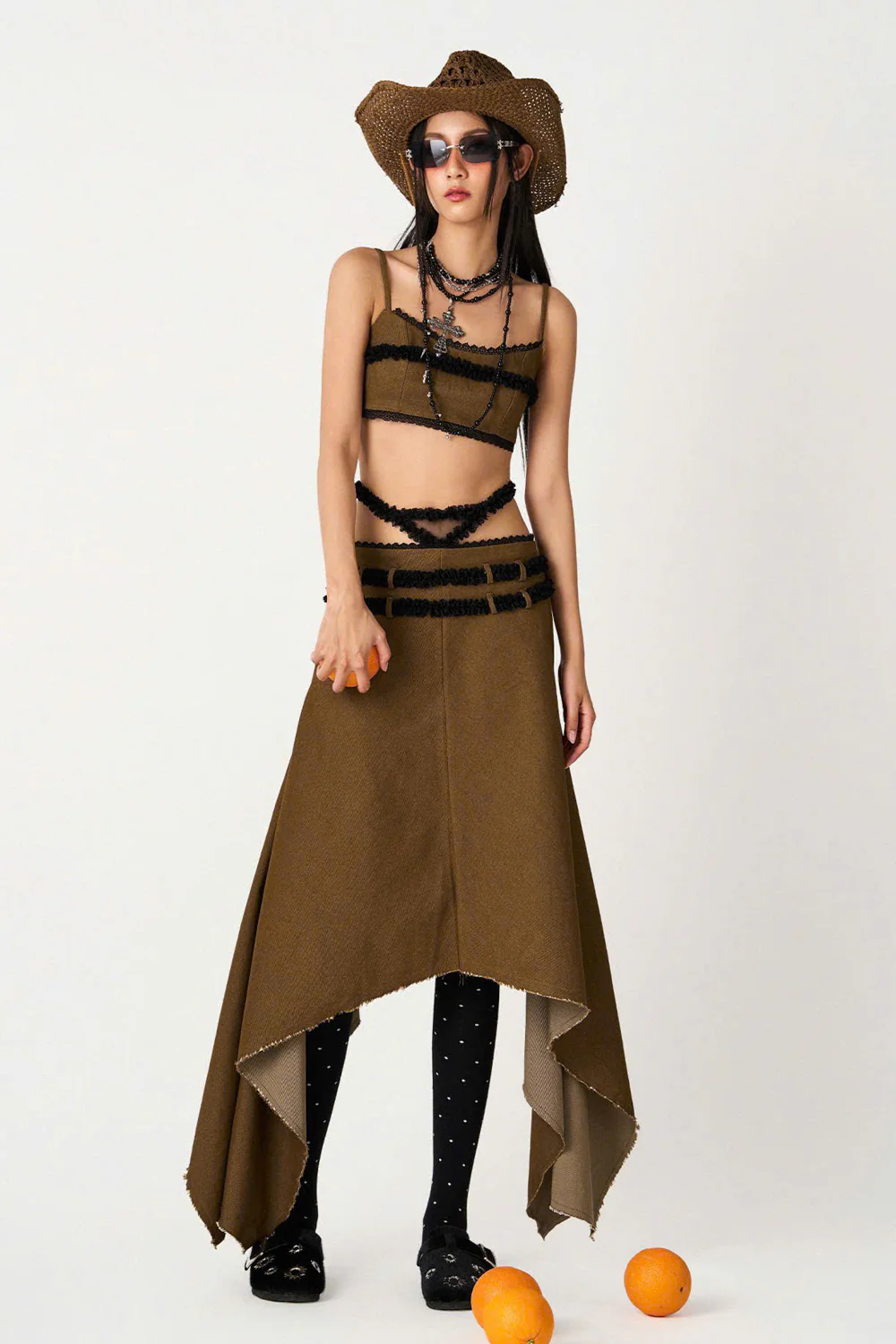 Lucia A-line High Waist Khaki High-low Skirt