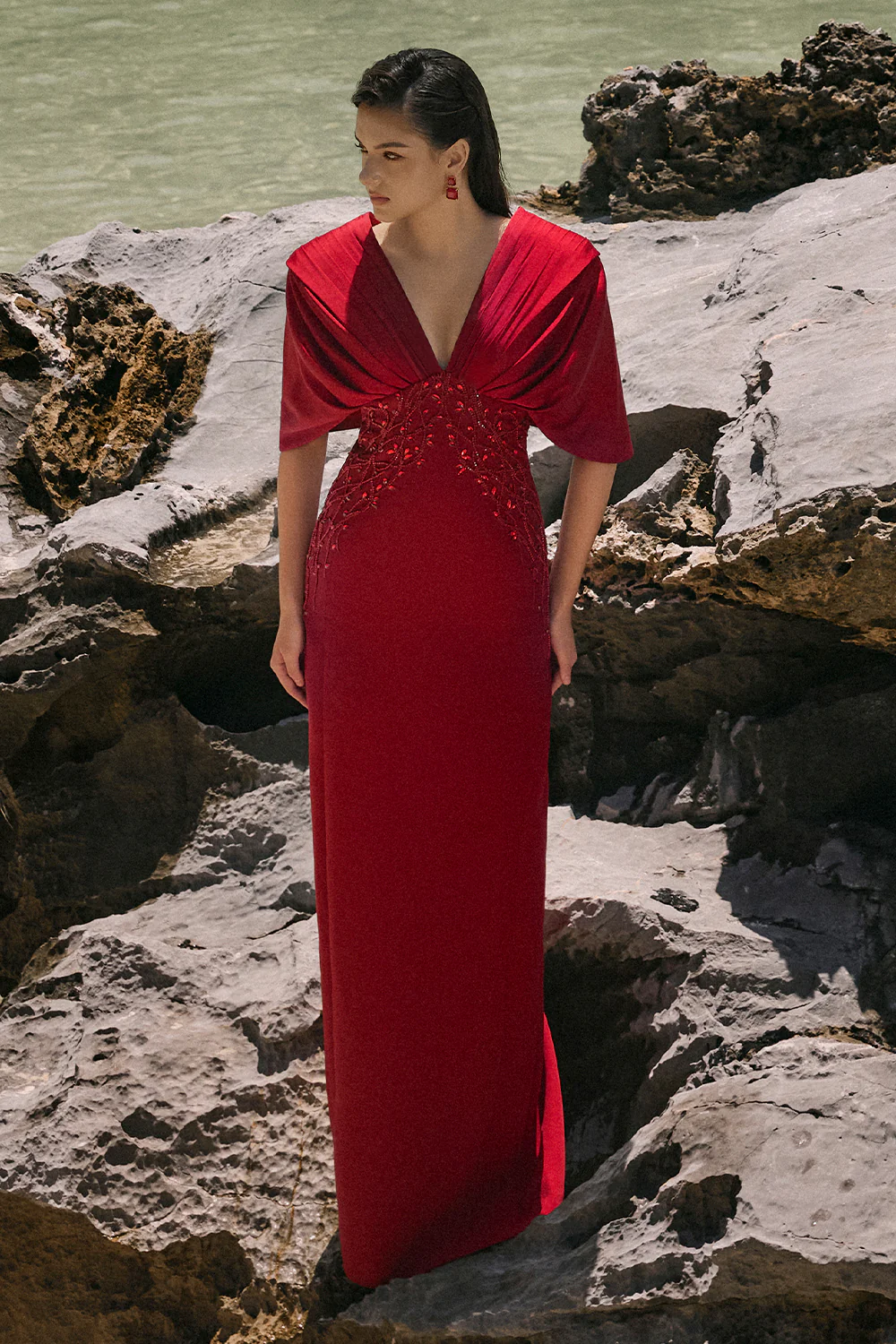 Alaia Sheath Cape Sleeved Crepe Floor Length Dress