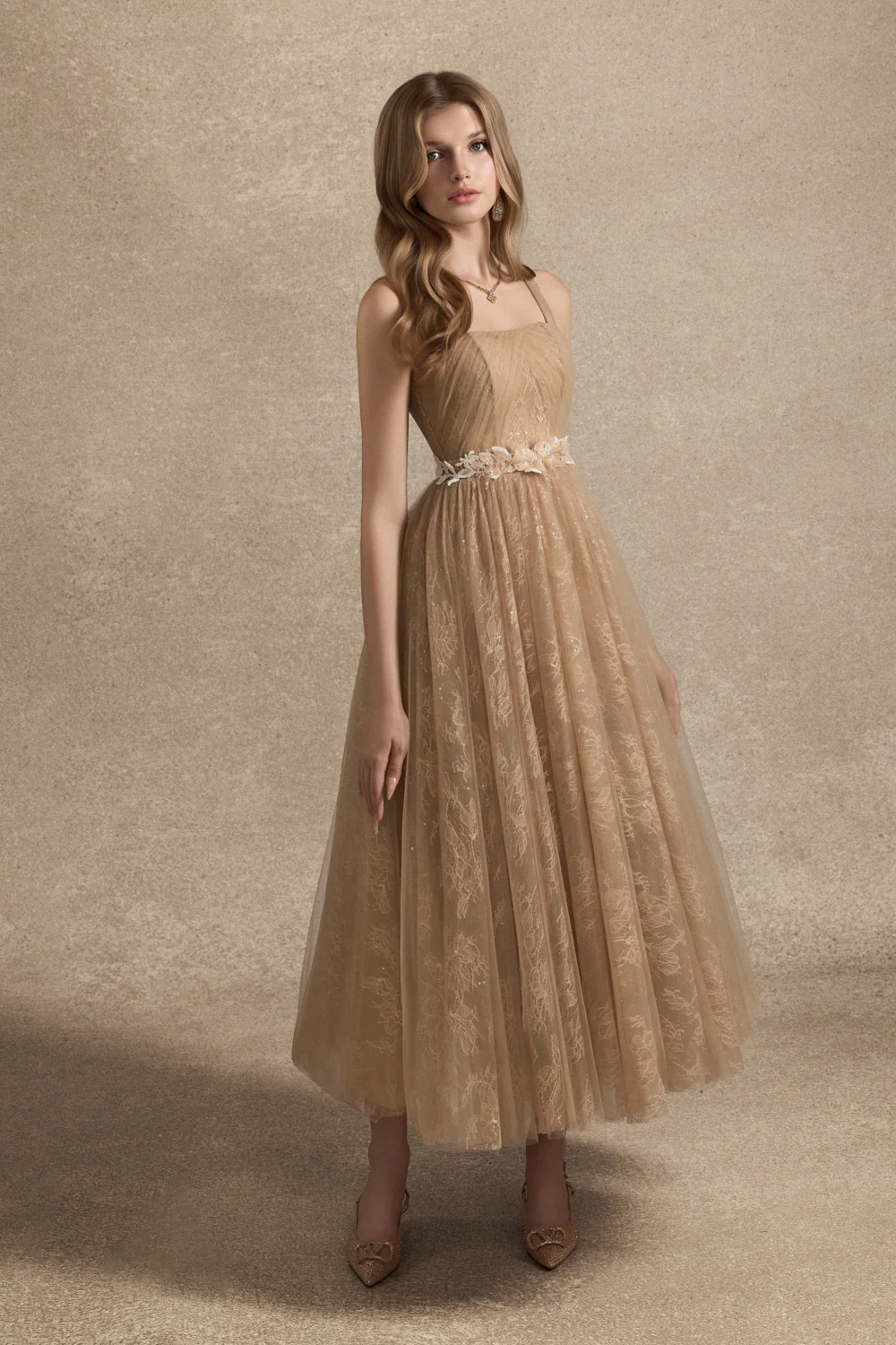 Cesleste Square Neck Lace Midi Dress