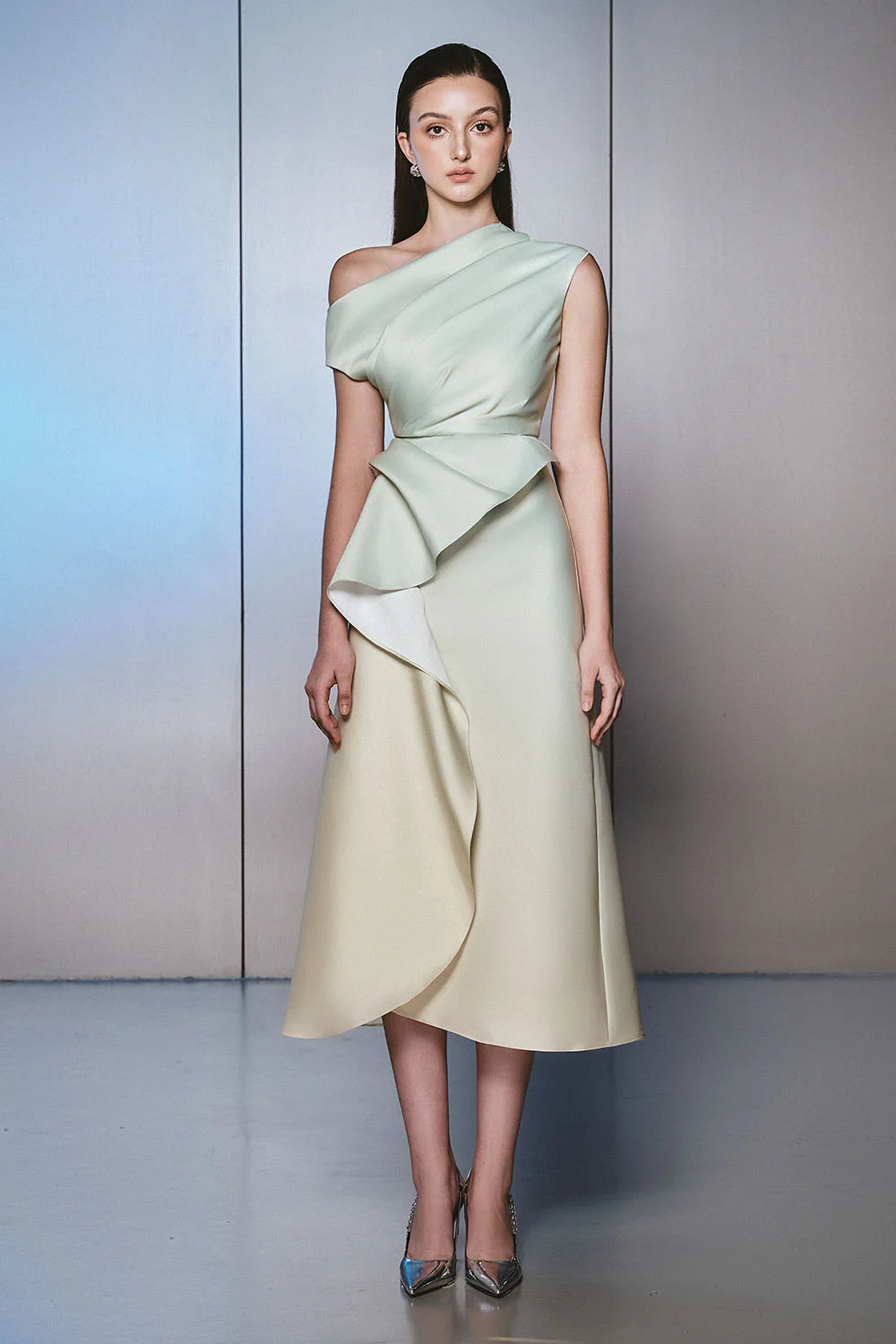 Daplon A-line Asymmetric Neck Taffeta Midi Dress