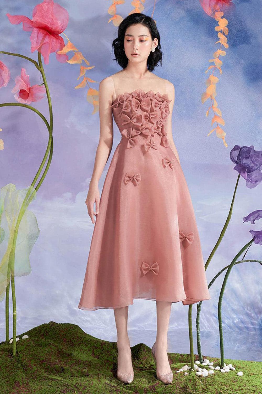 Jesse Fit and Flare Bow Tie Organza Midi Dress