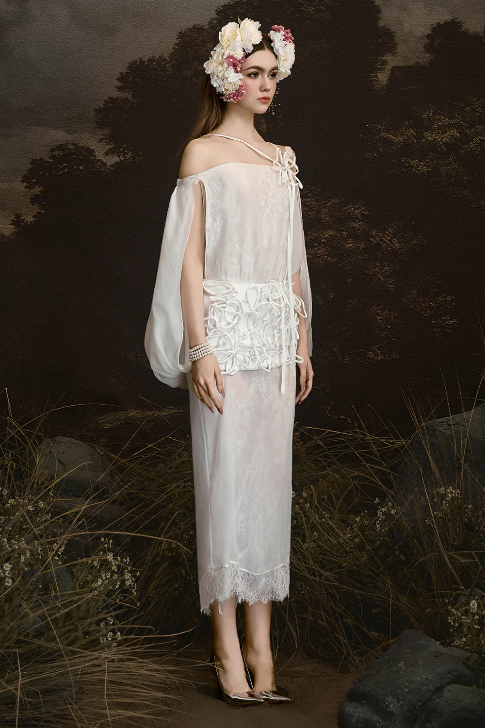 Eternal Muse Off-Shoulder Gathering Midi Dress