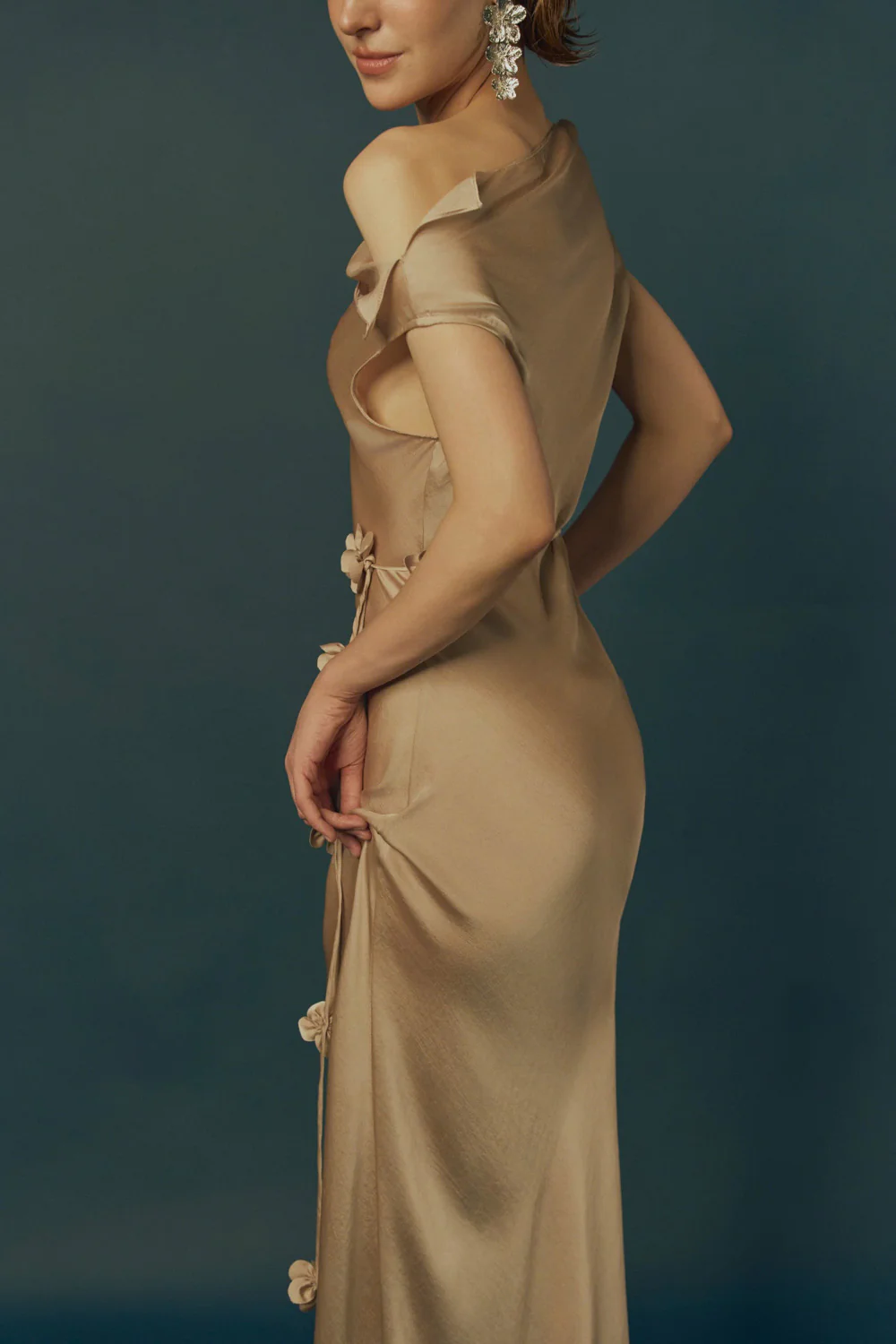 Sel Sheath Asymmetric Neck Poly Silk Floor Length Dress