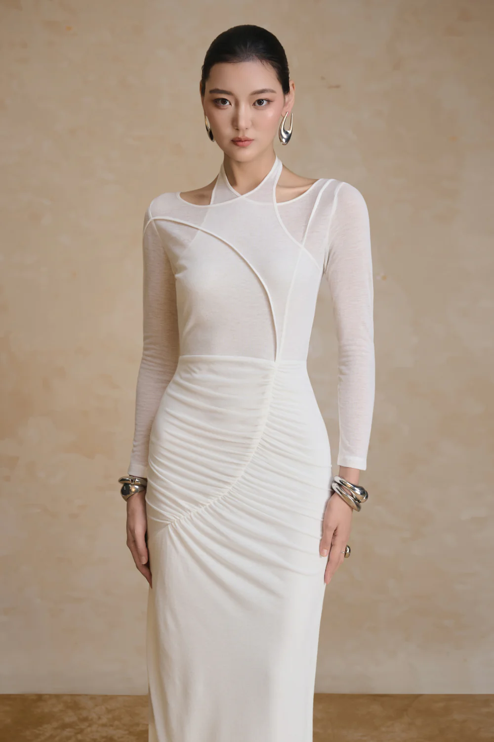 Fiery Asymmetric Neck Gathering Maxi Dress