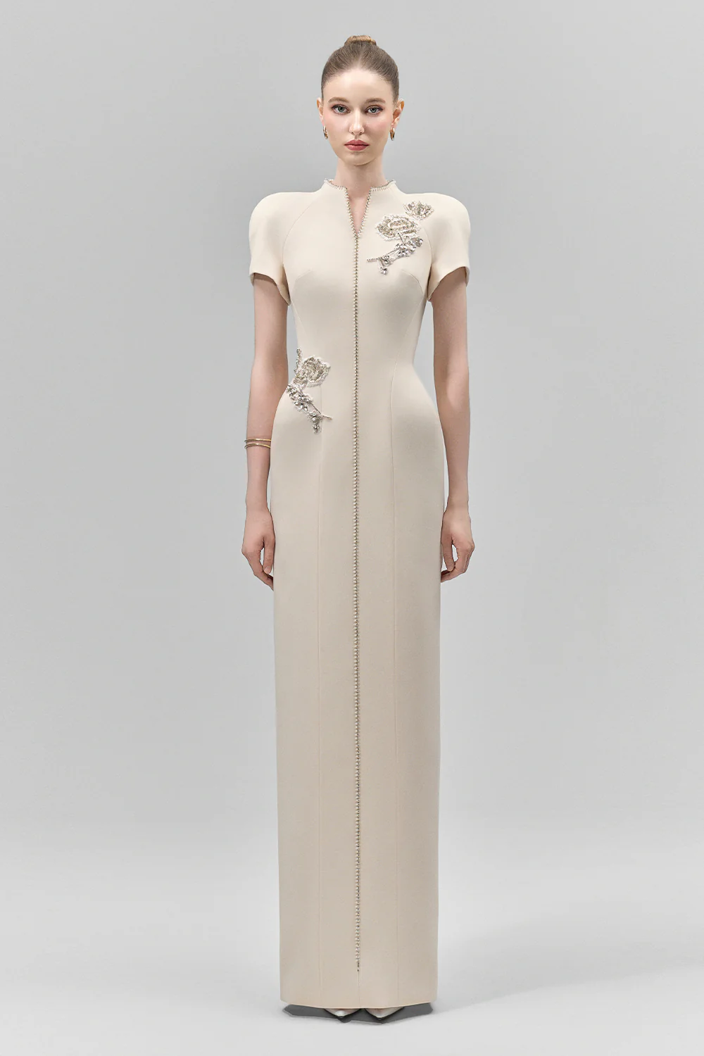 Eirlys Sheath Puffy Sleeved Crepe Floor Length Dress