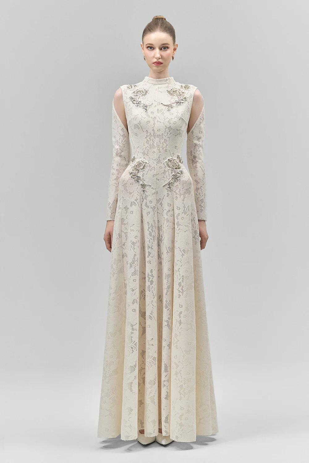 Celestine A-line Cold Shoulder Sleeved Lace Floor Length Dress