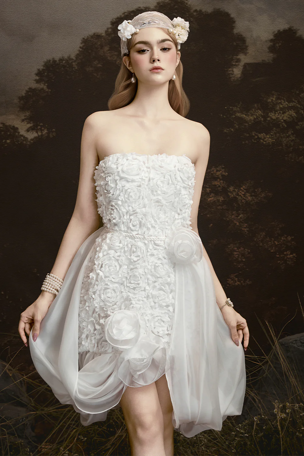 Cloudy Cape Sleeve Applique Mini Dress