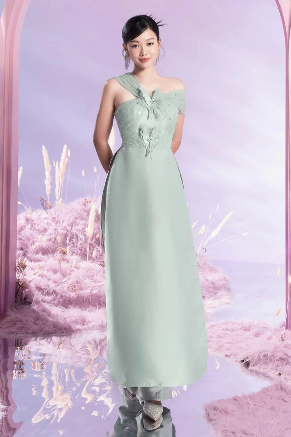 Juven Fitted Strappy Taffeta Extra Long Length Ao Dai Set