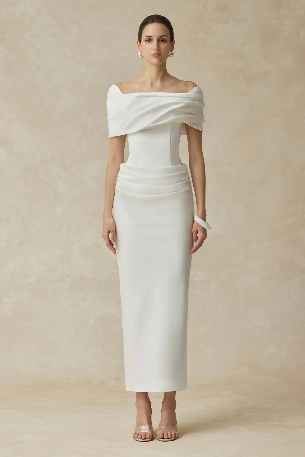 Solara Cold Shouder Sleeve Draped Midi Dress