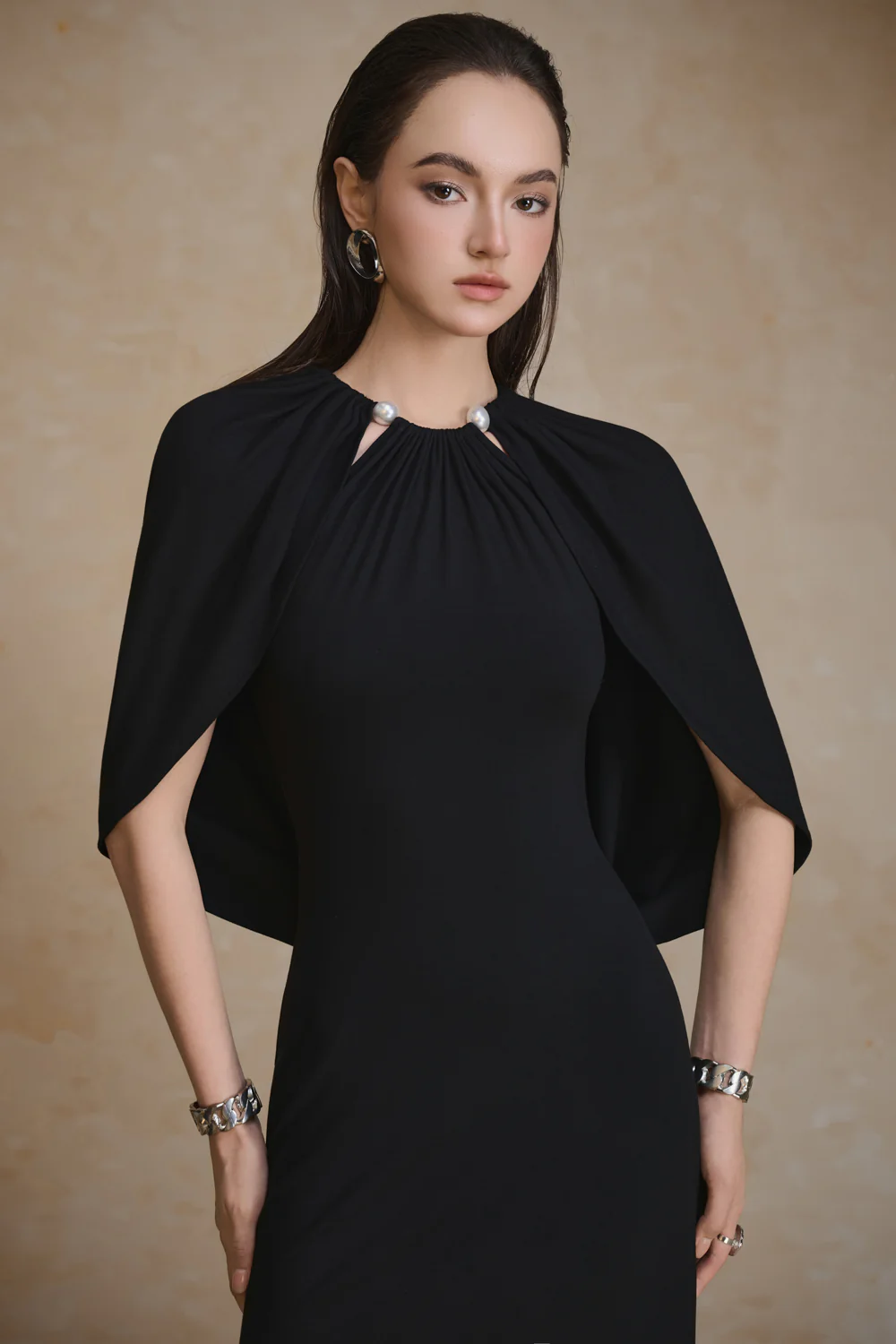 Radiant Cape Sleeve Gathering Maxi Dress