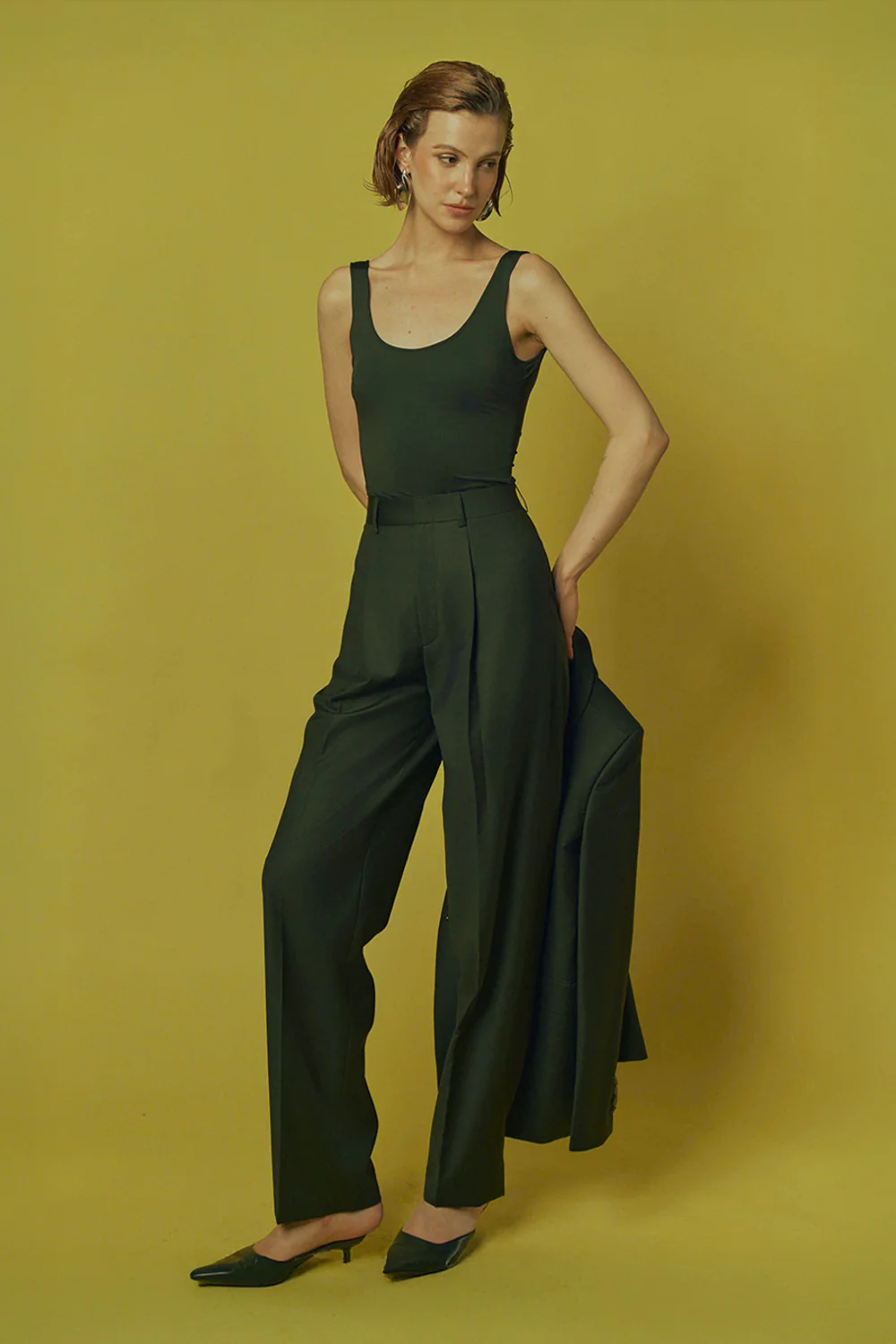 Forest Straight Ribbed Poly Wool Ankle Length Pants