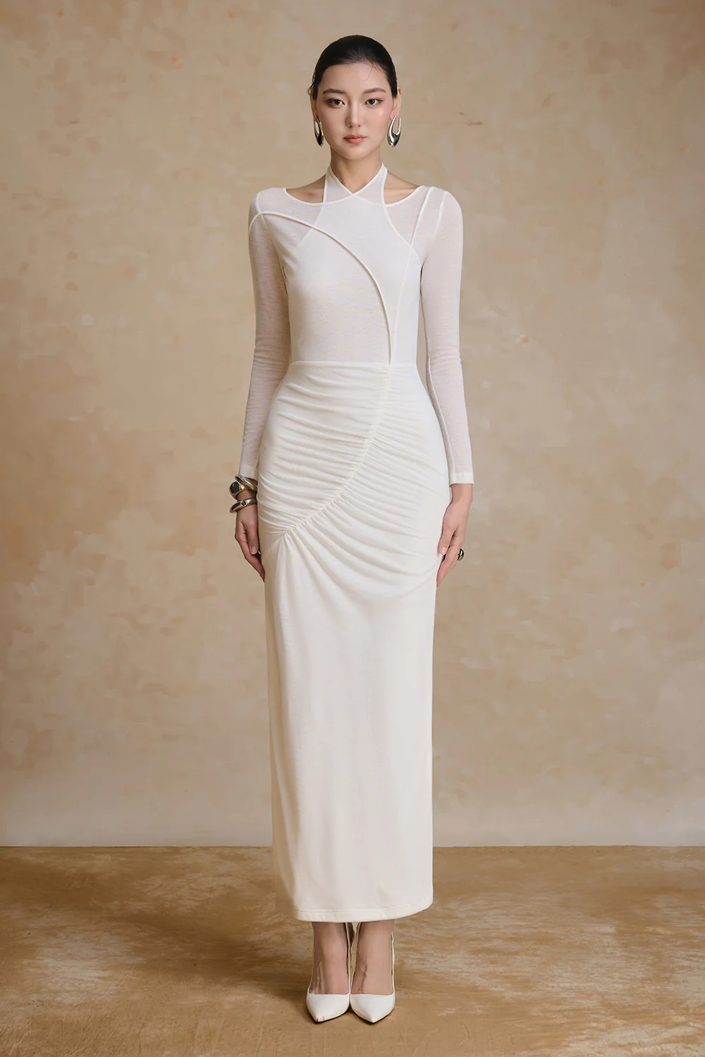 Fiery Asymmetric Neck Gathering Maxi Dress