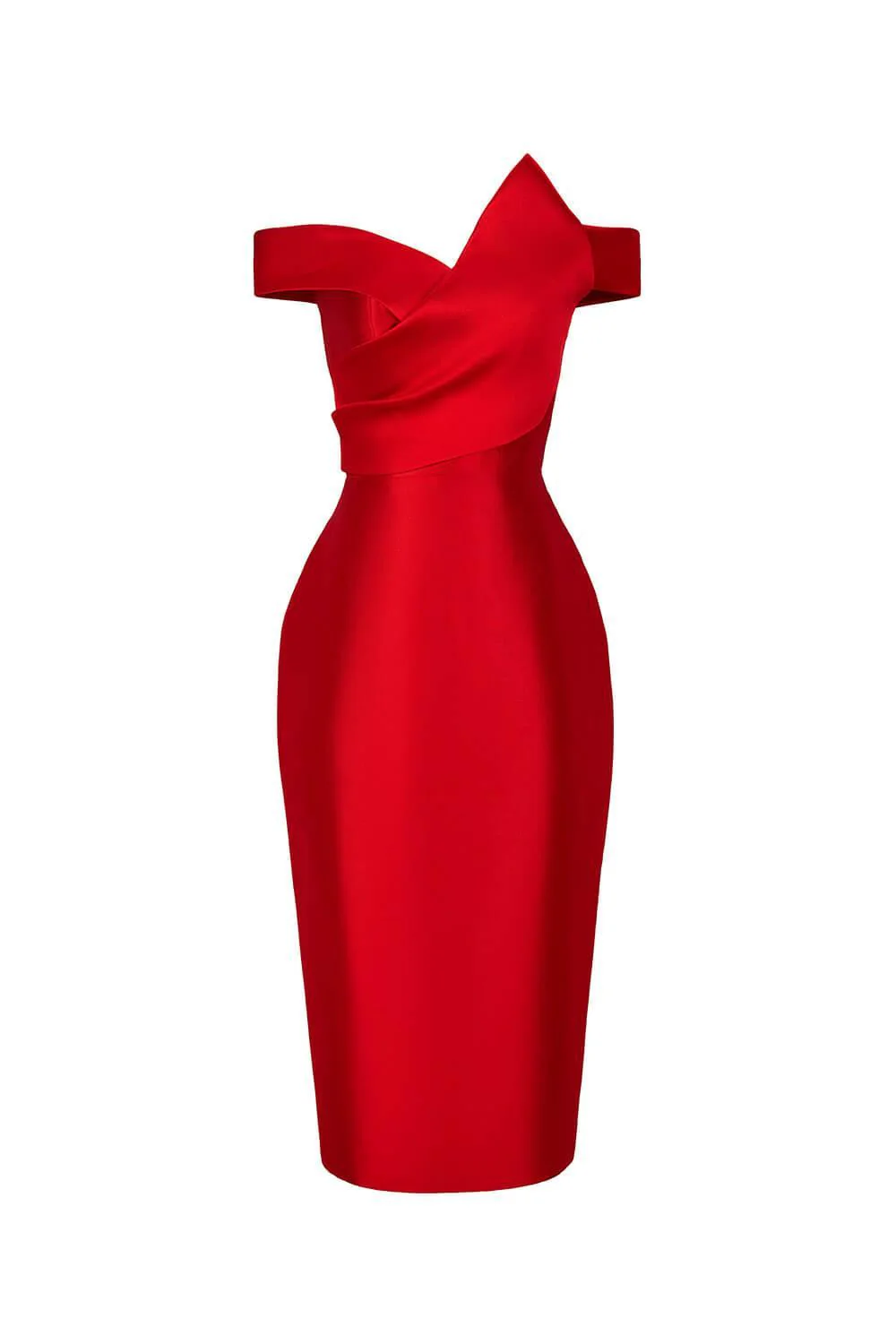 Mina Pegged Off-Shoulder Trerena Taffeta Midi Dress