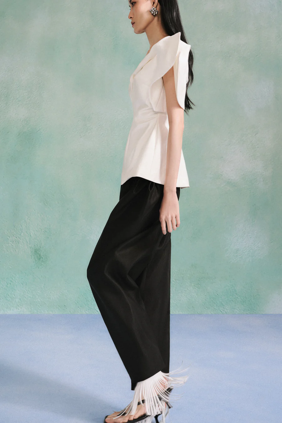 Henley Peplum V-Neck Taffeta Silk Top