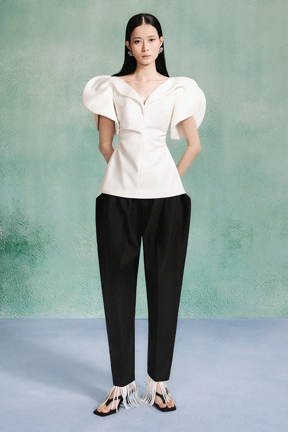 Henley Peplum V-Neck Taffeta Silk Top