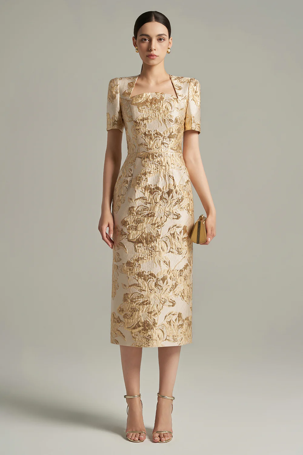 Adriana Sheath Queen Anne Neck Lace Brocade Length Dress