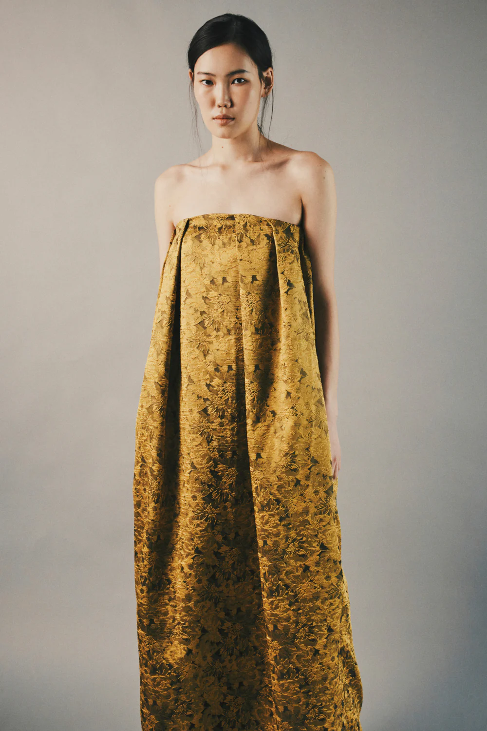 Verdant Echo Cocoon Pleated Maxi Dress