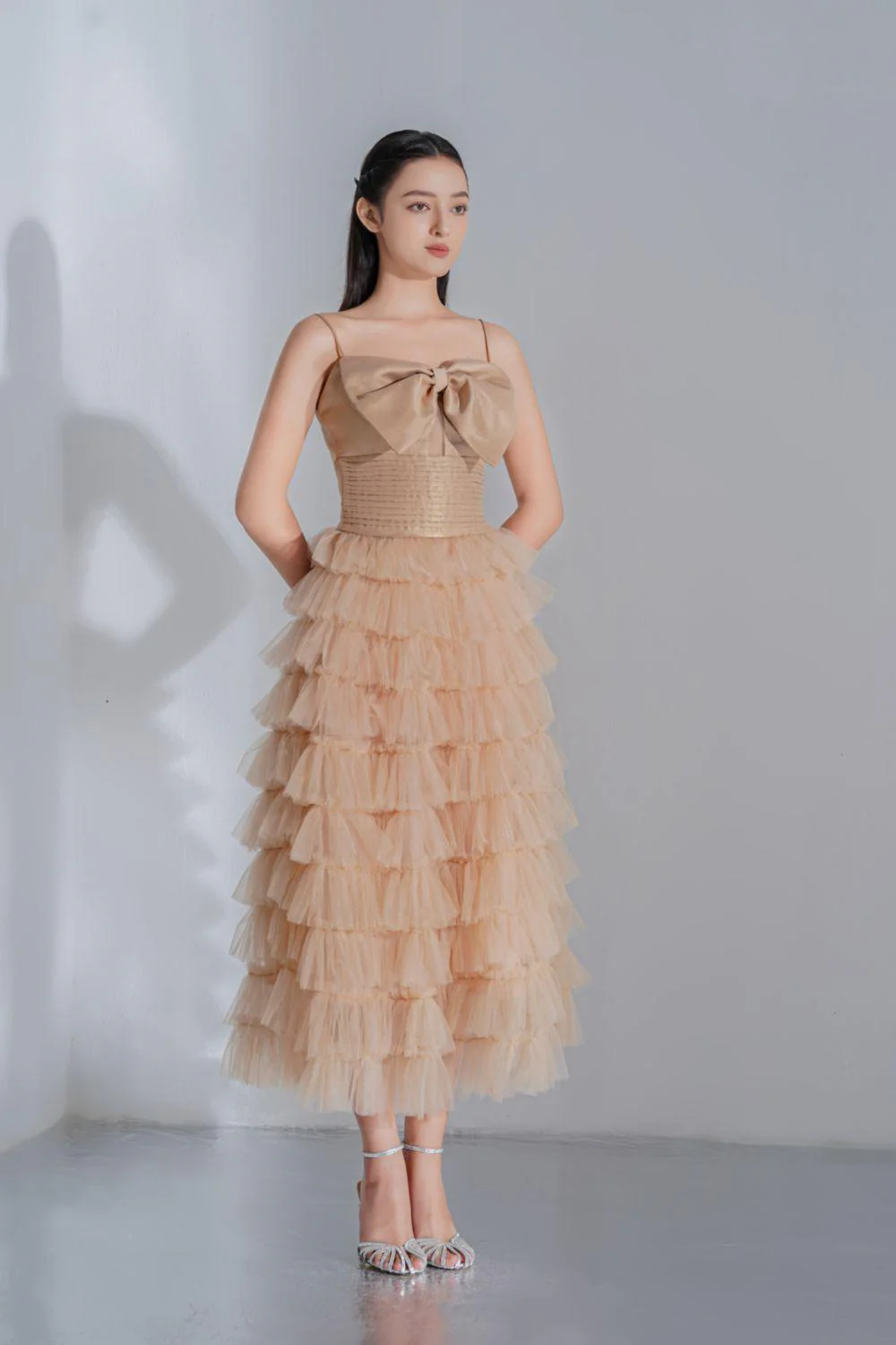 Jovien Layered Square Neck Tulle Ankle Length Dress