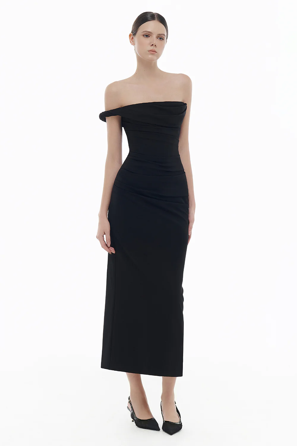Victoria Straight Across Neck Draped Midi Dress