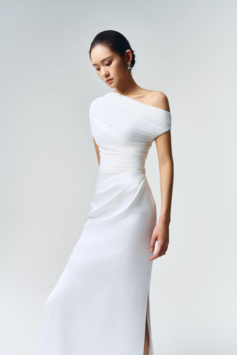 Enya Asymmetric Neck Gathering Maxi Dress