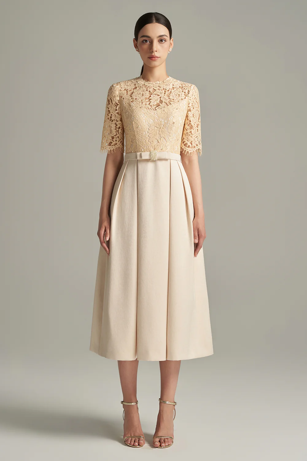 Lillian A-line Draped Lace Calf Length Dress