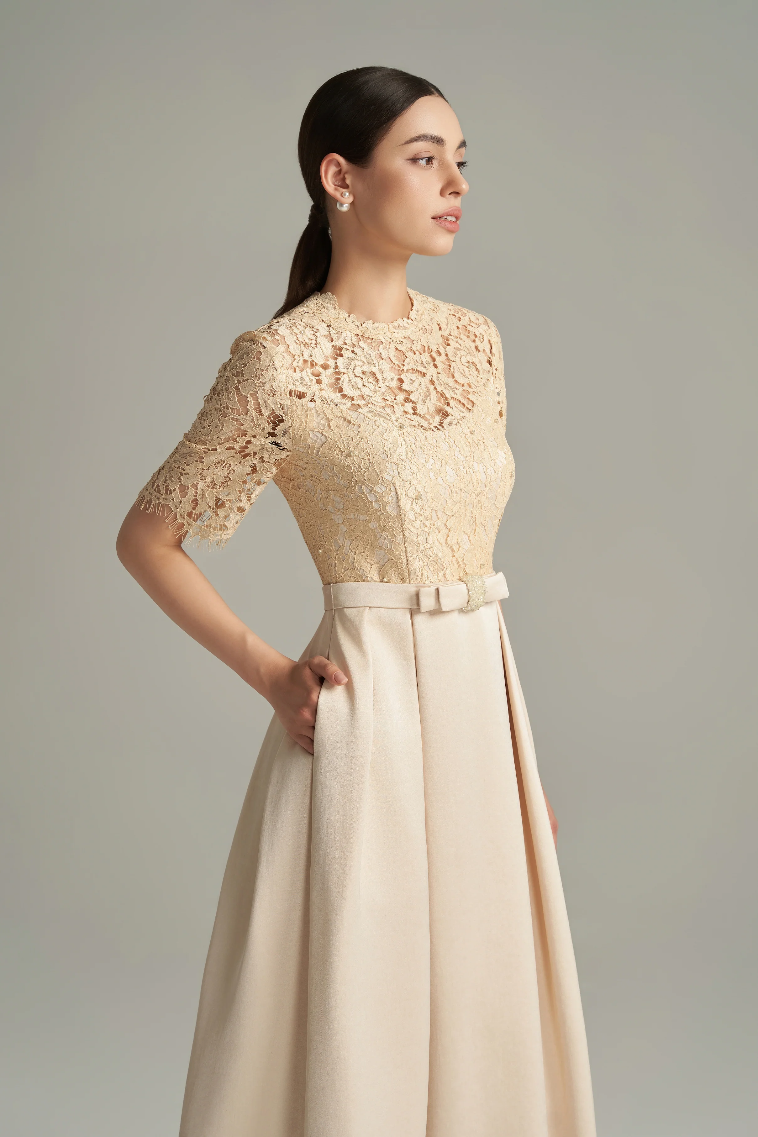 Lillian A-line Draped Lace Calf Length Dress