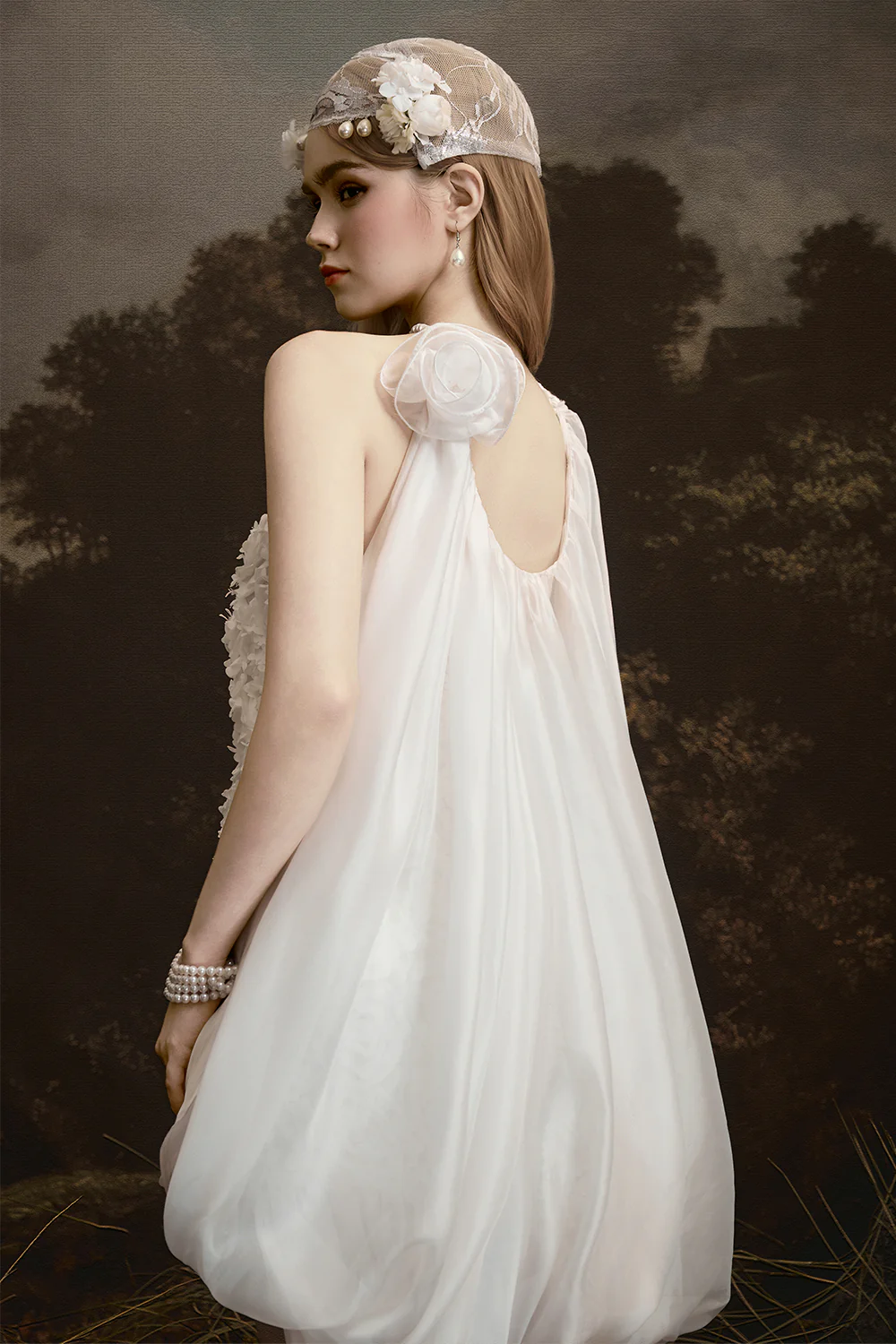 Cloudy Cape Sleeve Applique Mini Dress