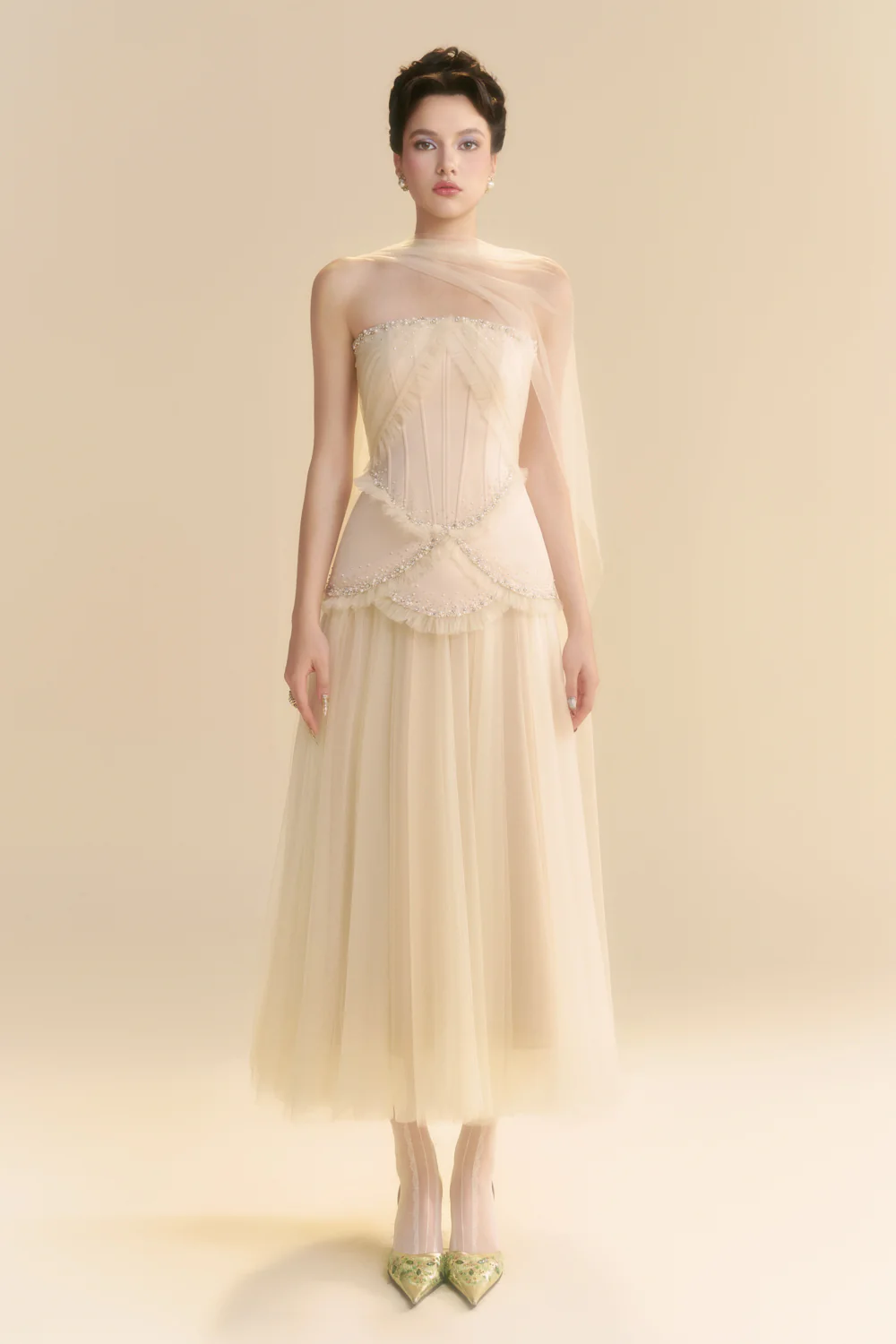 Fayenna Asymmetric Neck Bead Midi Dress