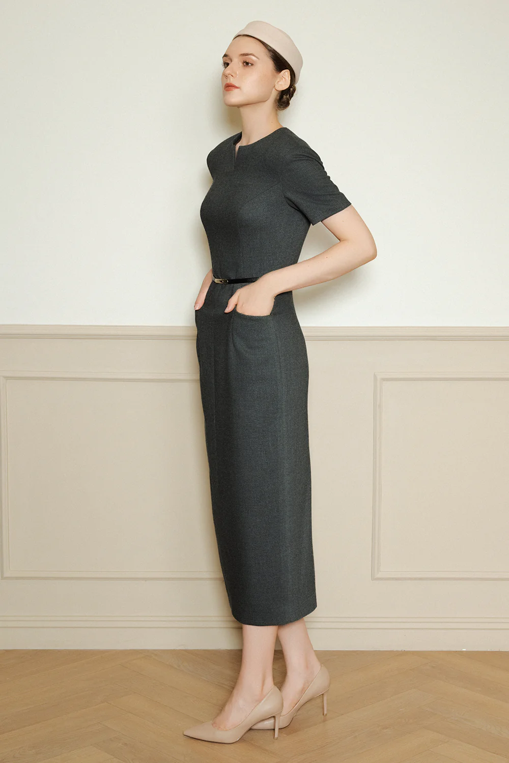 Isabella Notch Neck Wool Midi Dress