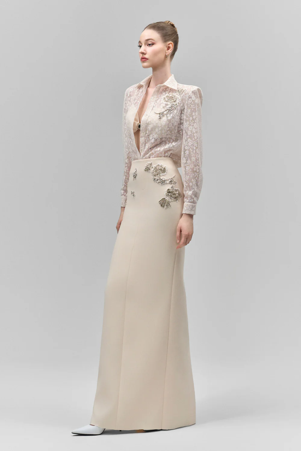 Vionne Straight Bead Crepe Floor Length Skirt